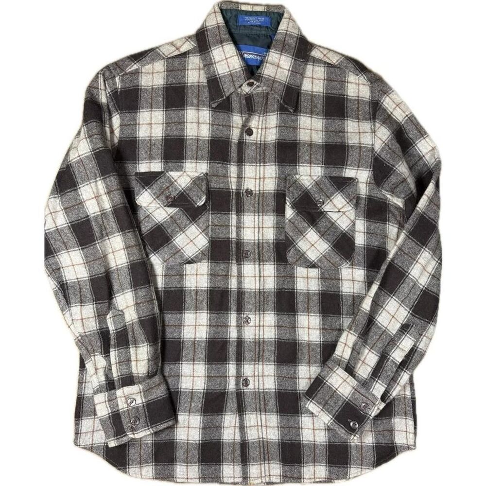Vintage 80s Wool brown & white plaid flannel Windbreaker Brand shirt Size M